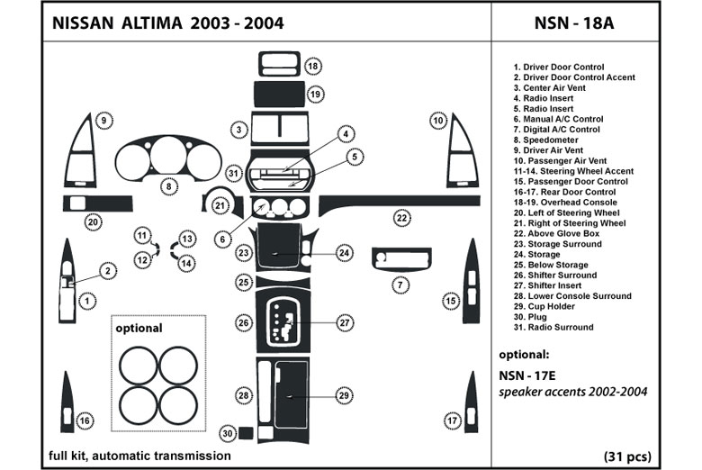 2003 Nissan Altima DL Auto Dash Kit Diagram