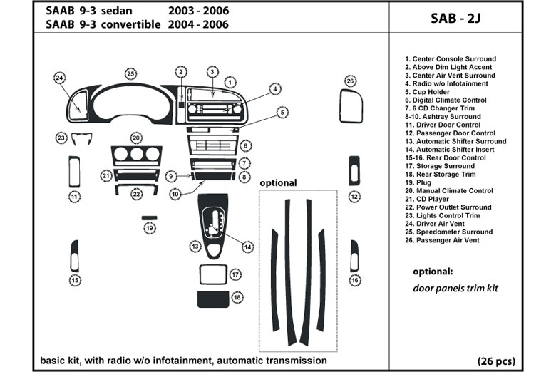 2003 Saab 9-3 DL Auto Dash Kit Diagram