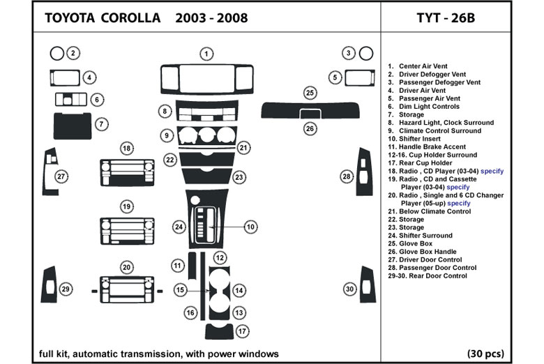 2003 Toyota Corolla DL Auto Dash Kit Diagram