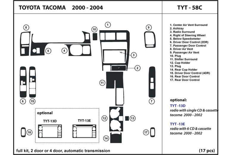 2000 Toyota Tacoma DL Auto Dash Kit Diagram