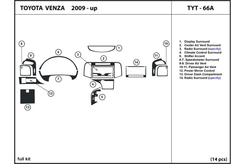 2009 Toyota Venza DL Auto Dash Kit Diagram