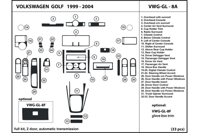 1999 Volkswagen Golf DL Auto Dash Kit Diagram