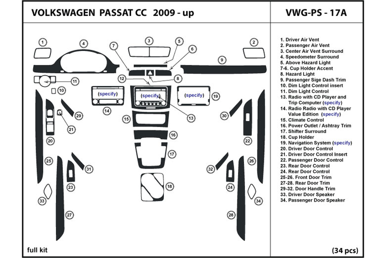 2009 Volkswagen Passat DL Auto Dash Kit Diagram