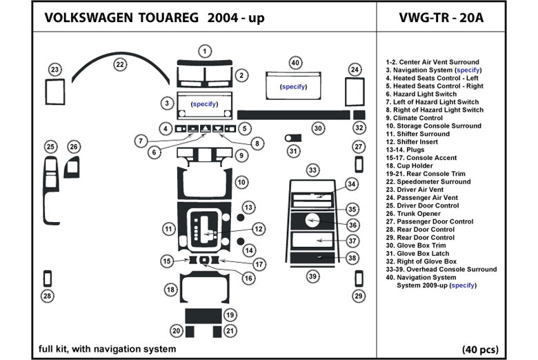 2004 Volkswagen Touareg DL Auto Dash Kit Diagram