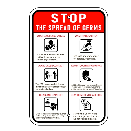 Vertical Red Metal Health Sign to Stop The Spread of Germs